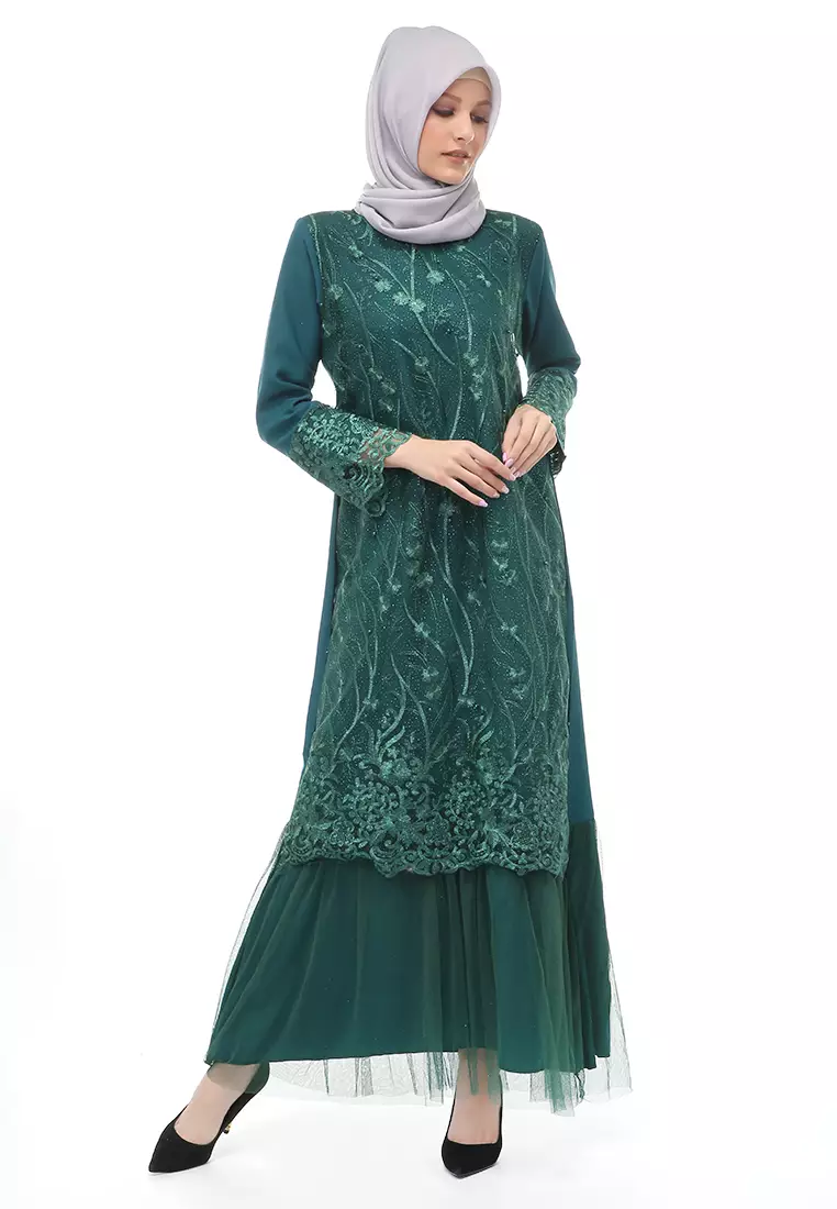 Diana Gamis Brukat Wanita Muslimah Lapis Moscrepe Premium Quality - Hijau Botol
