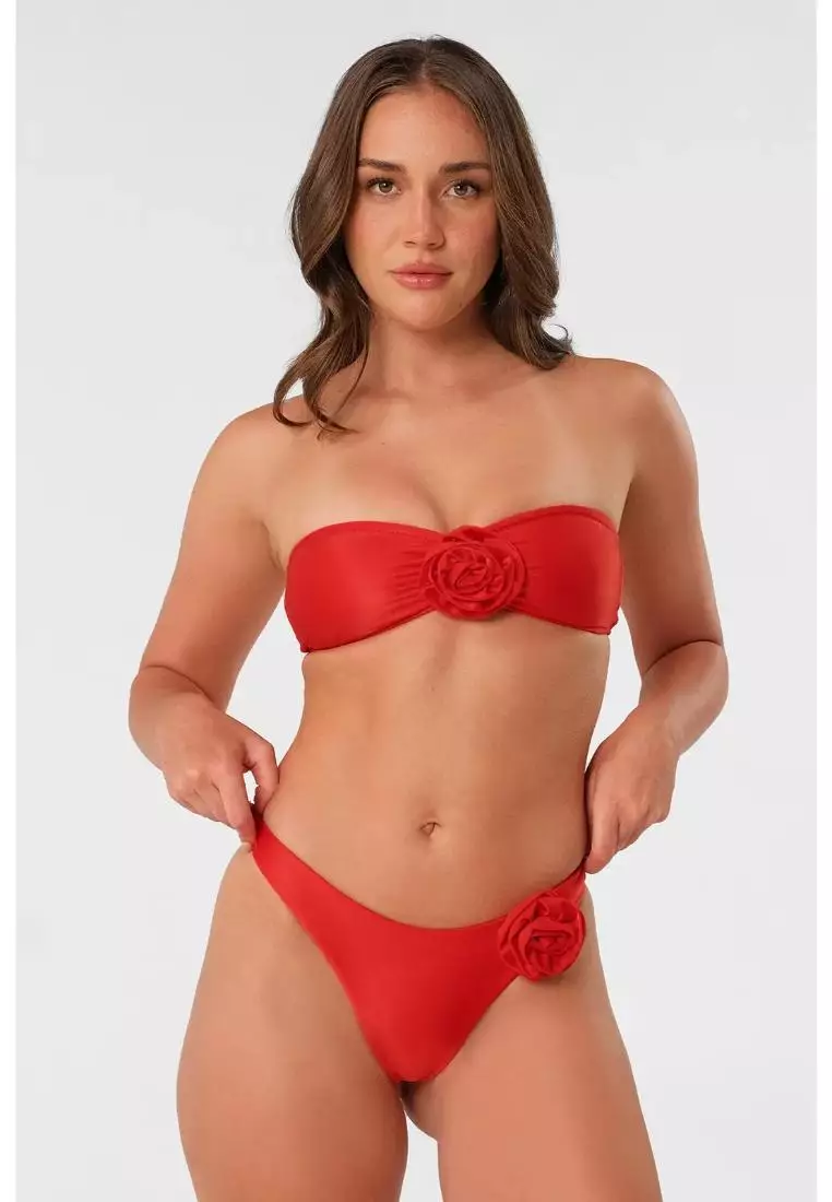 Nadia Scrunched Bandeau Bikini Top / Red Hot Gloss