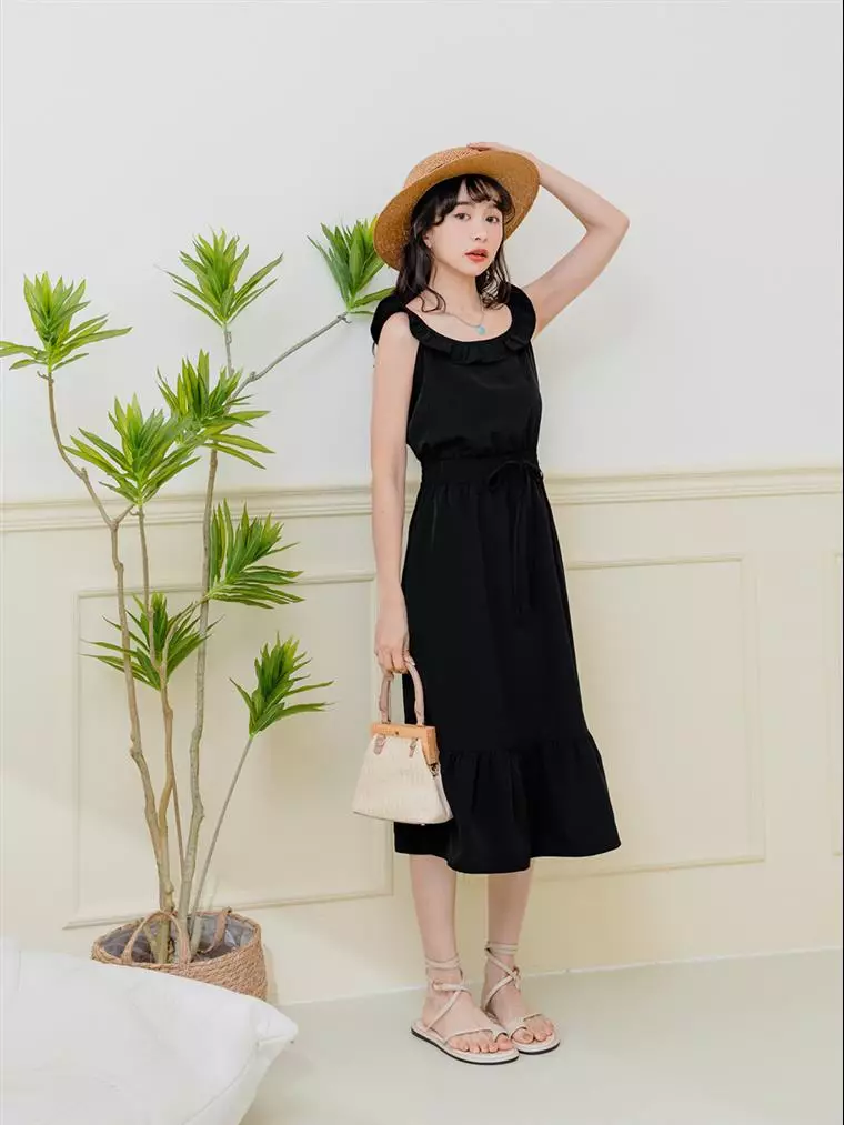 Frill Neck Tie Waist Long Dress [DA9764]