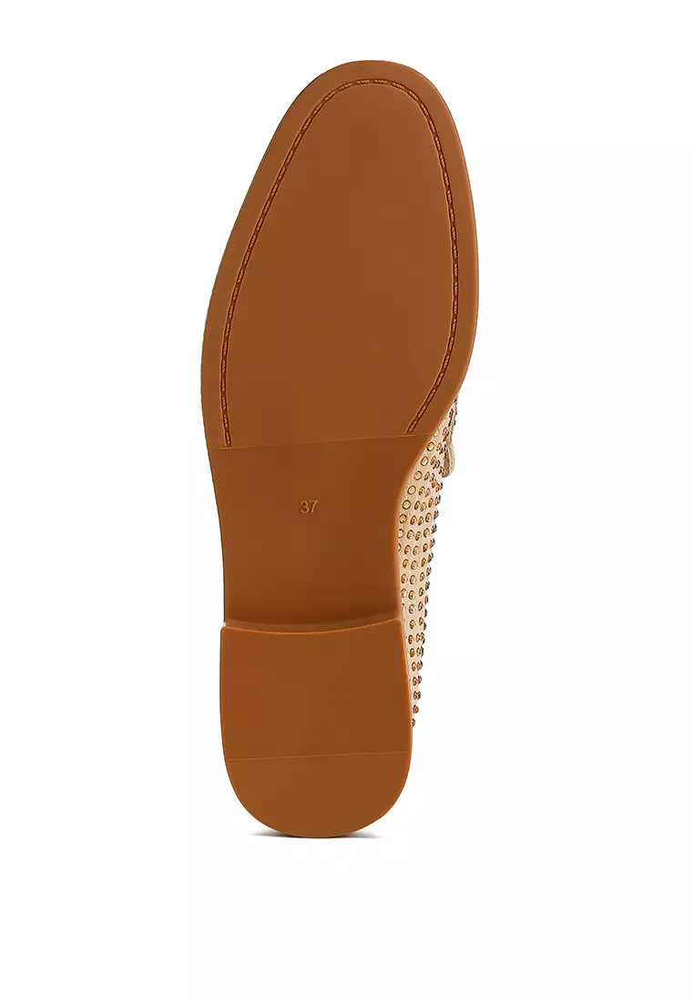 Beige Rhinestones Embellished Loafers