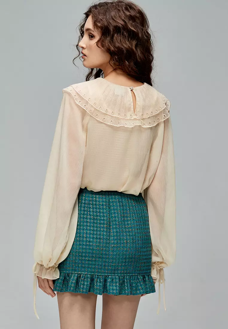 Chiffon Top With Lace Bertha Collar