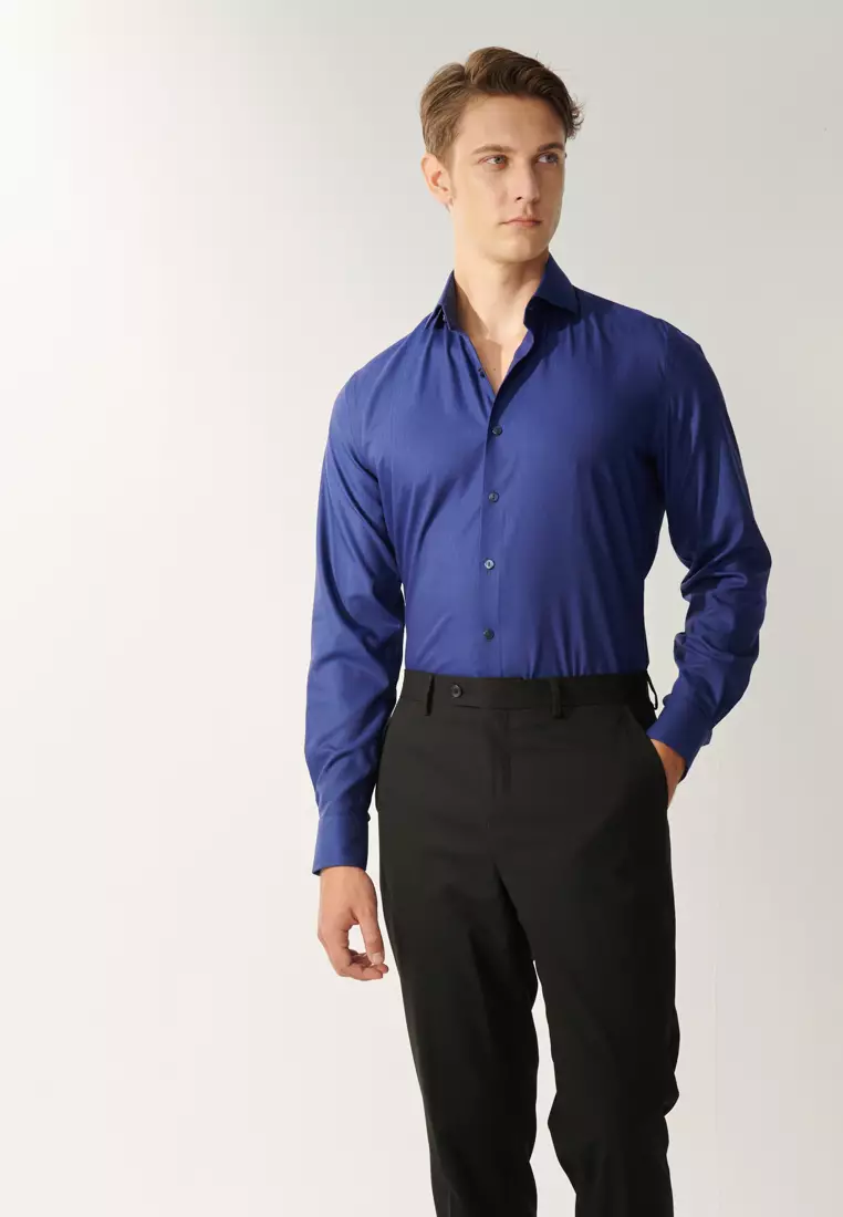 Dark Blue Herringbone Slim Shirt