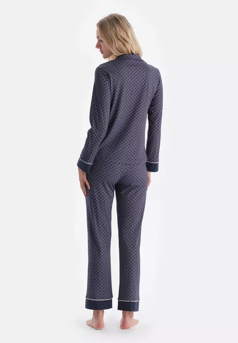 Navy Shirt & Trousers Set, Geometric Patterned, Regular Fit, Long Sleeve Sleepwear for Women