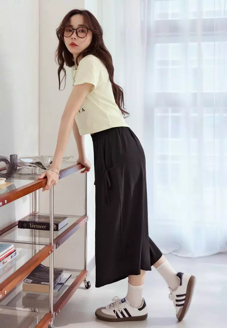 Breathable Textured Fabric Drawstring Elastic Waist Cropped Wide-Leg Pants [BA7876]