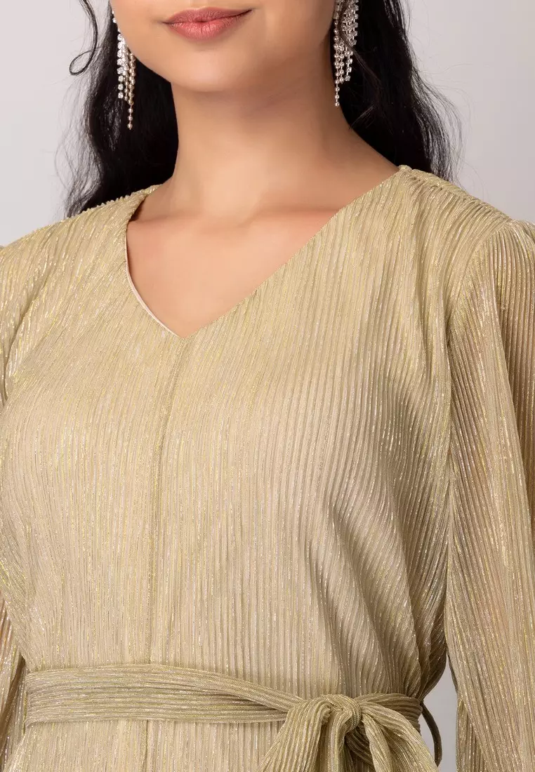 Beige Textured A-Line Dress With Tie Up Belt