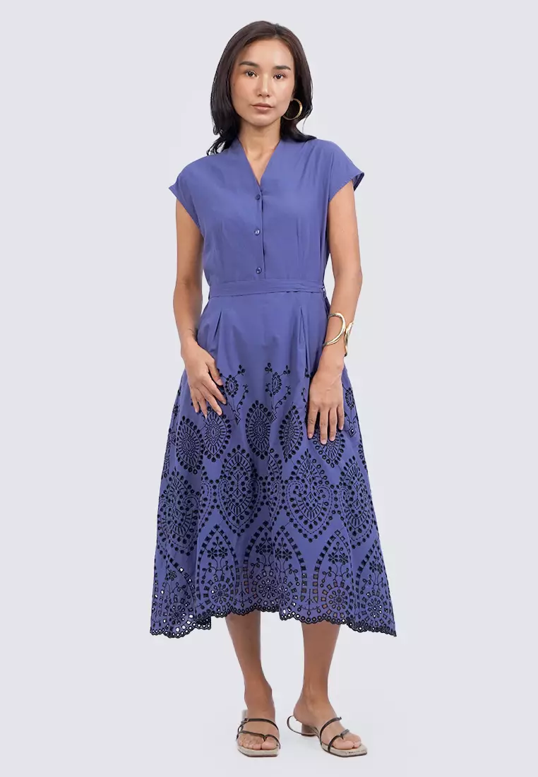 Embroidered V-Neck Midi Dress NAVY