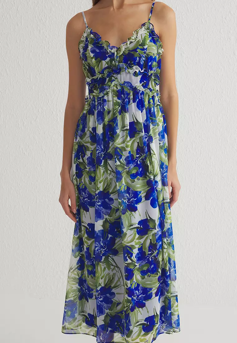 Saxe Floral Patterned Ruffle Maxi Chiffon Woven Dress