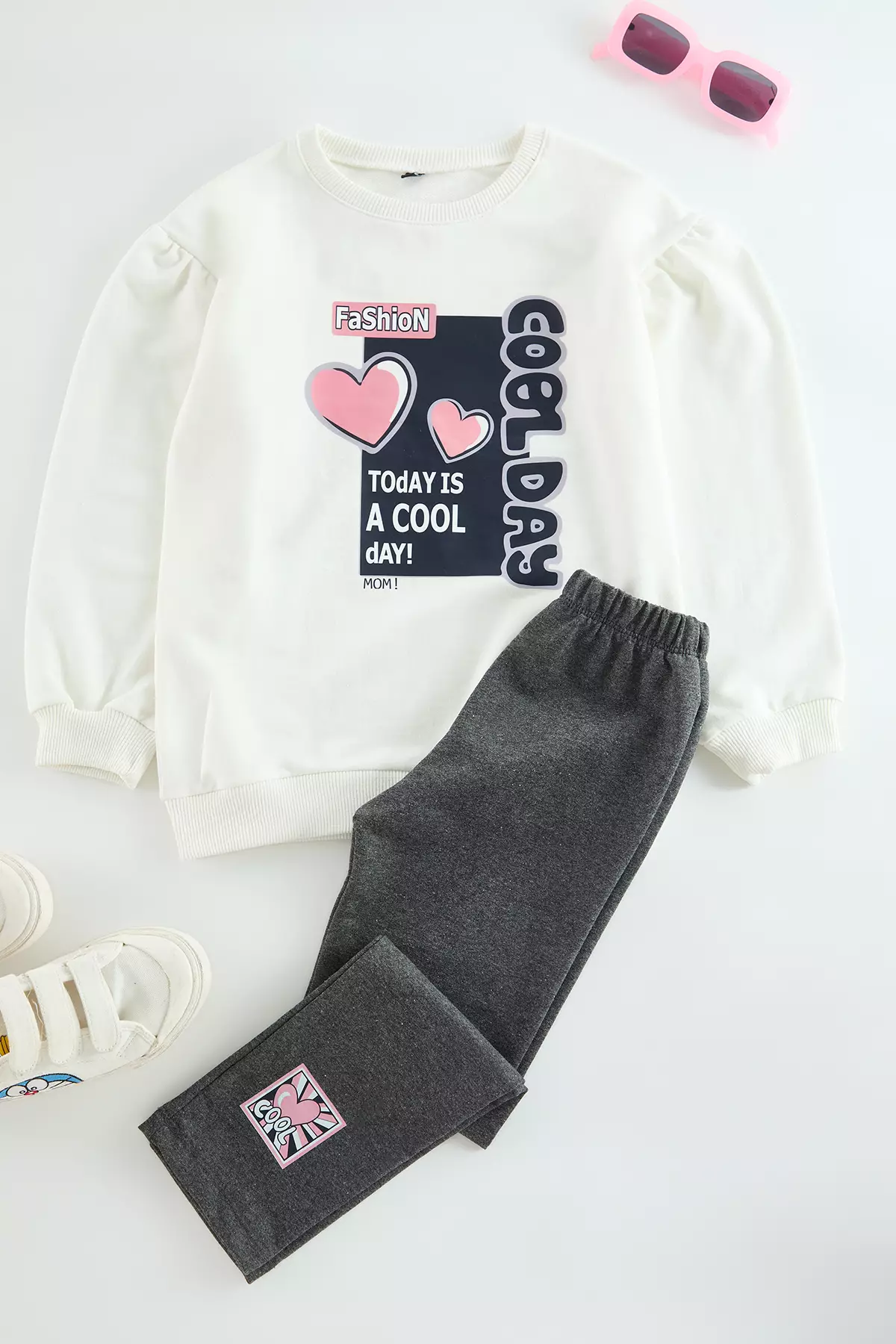 Ecru Cotton Crew Neck Girl's Set - Tkdaw25Au00063