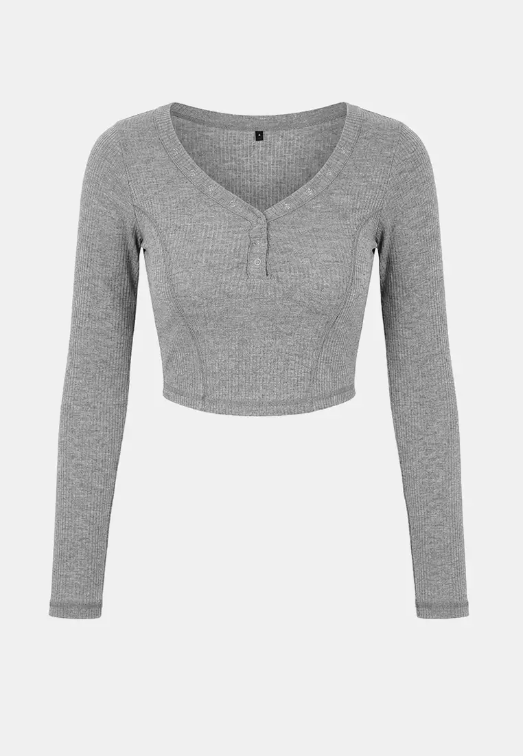 Fitted/V-Neck Snap Crop Soft Knitted Crop Top