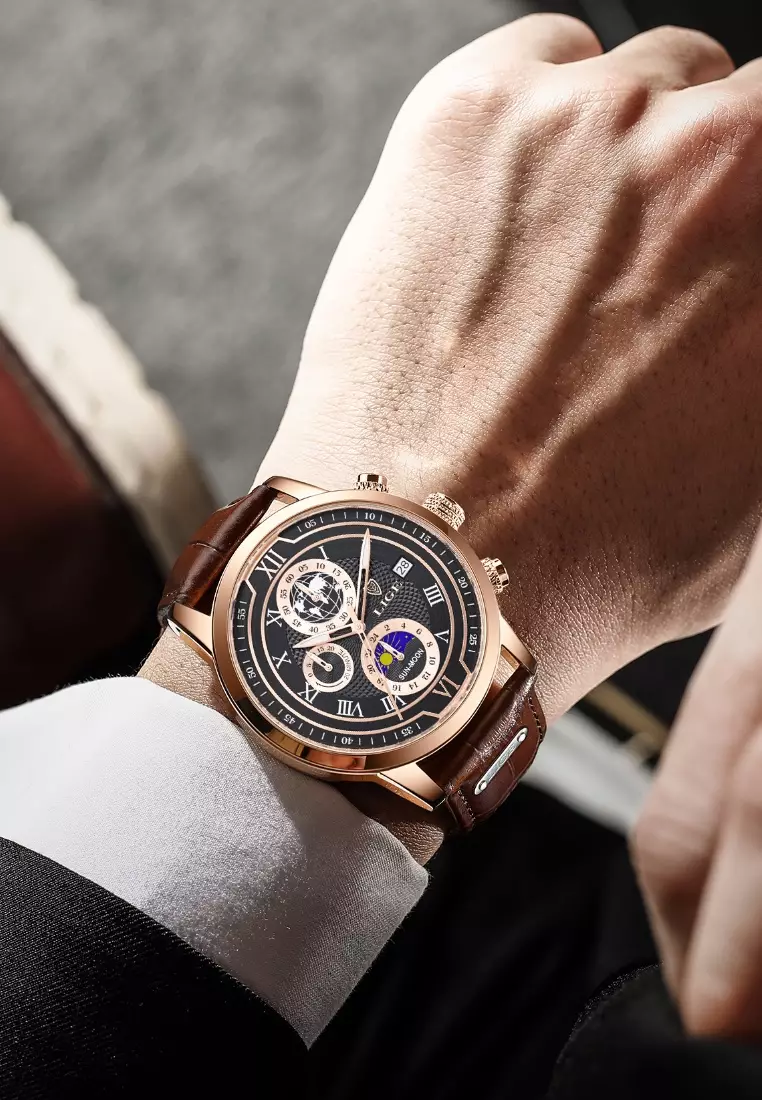 Chronograph Unisex 42mm IP Rose Gold Color Stainless Steel Quartz Watch, Black Dial on Leather Strap