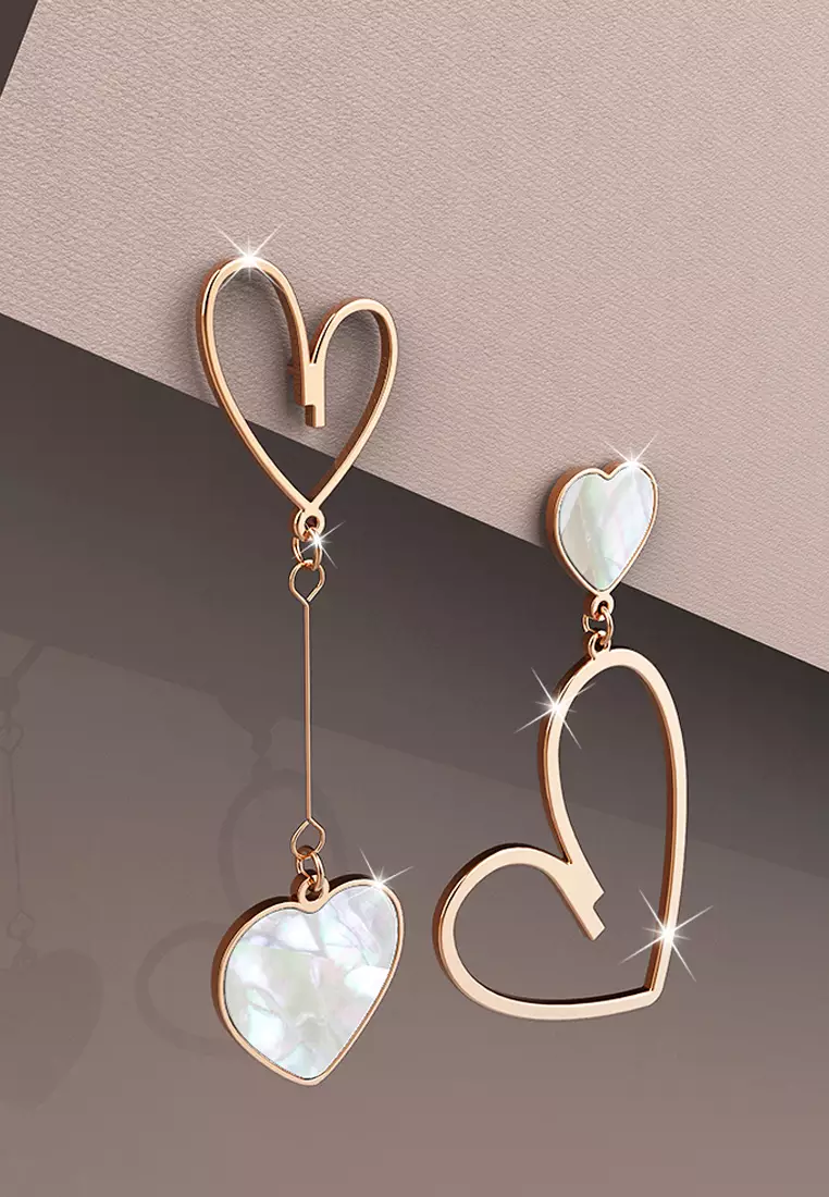 Open-Hearted MOP Shell Inlaid Asymmetrical Earrings Rose Gold Layered