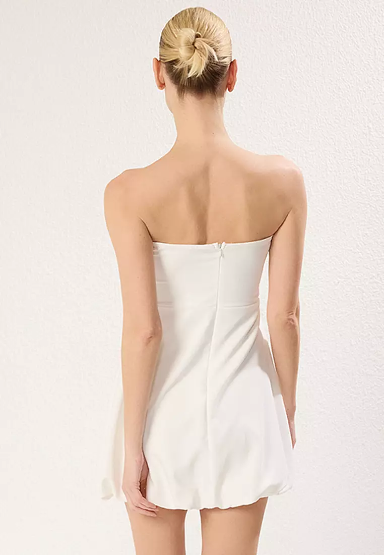 White Strapless Balloon Skirt Woven Mini Stylish Dress