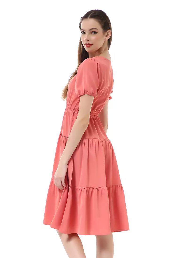 Rachel Ruffle Dress Wanita Lengan Pendek Motif Polos Material Ployester ORIGINAL - Orange