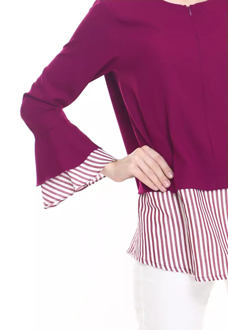 Zalia Top Plain Stripe Cotton Top in Purple Maroon