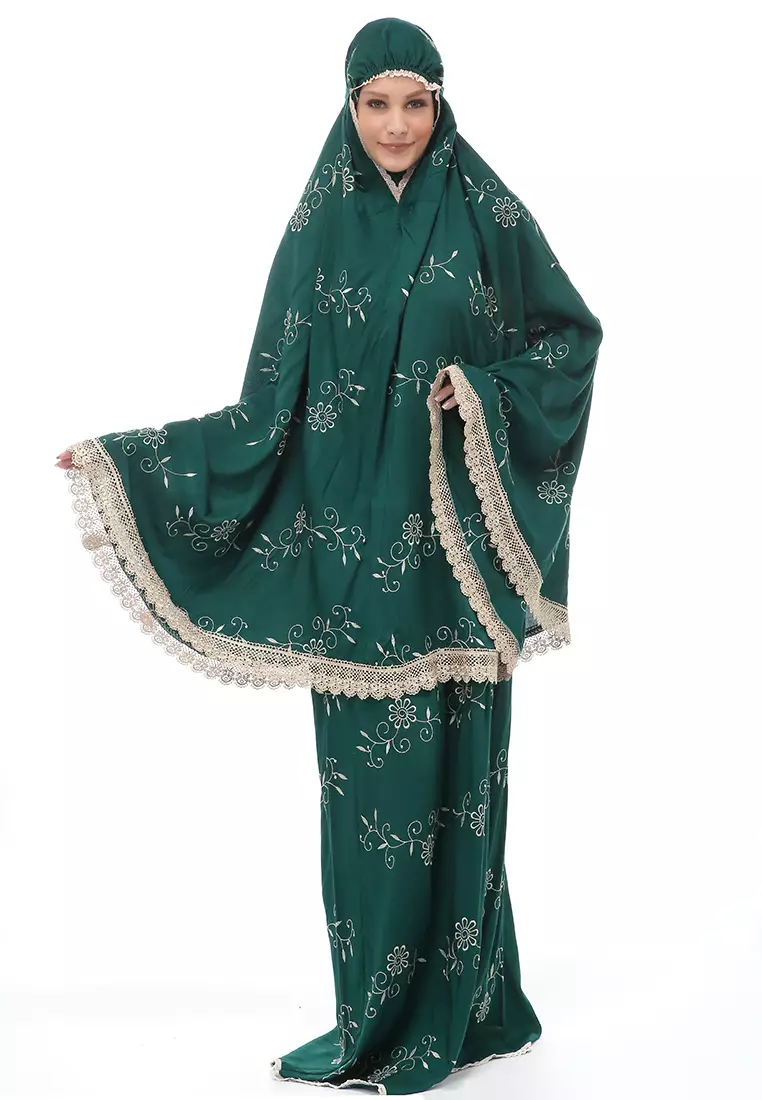 Hanjani Mukena Muslimah Atasan Bawahan Wanita Motif Bunga Relaxed Fit - Hijau Botol