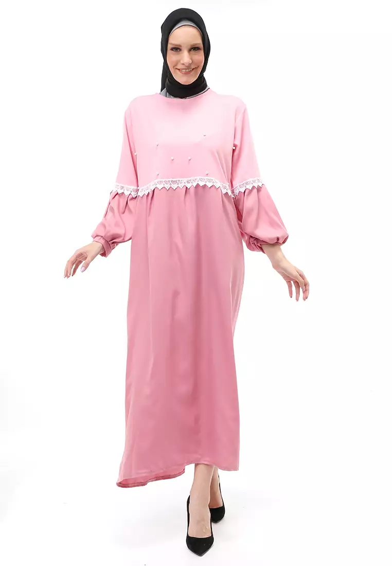 Sarinah Gamis Muslimah Panjang Atasan Wanita Motif Mutiara Regular Fit - Pink