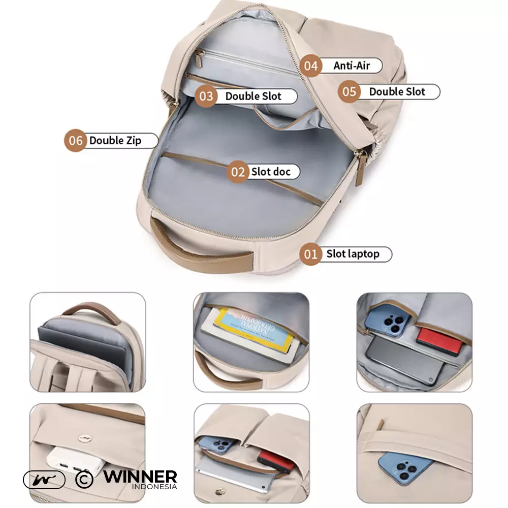 WINNER Tas Ransel Laptop 14 inch Oxford Anti-Air Backpack Korean Style (T14-004) Warna Khaki-14-inch