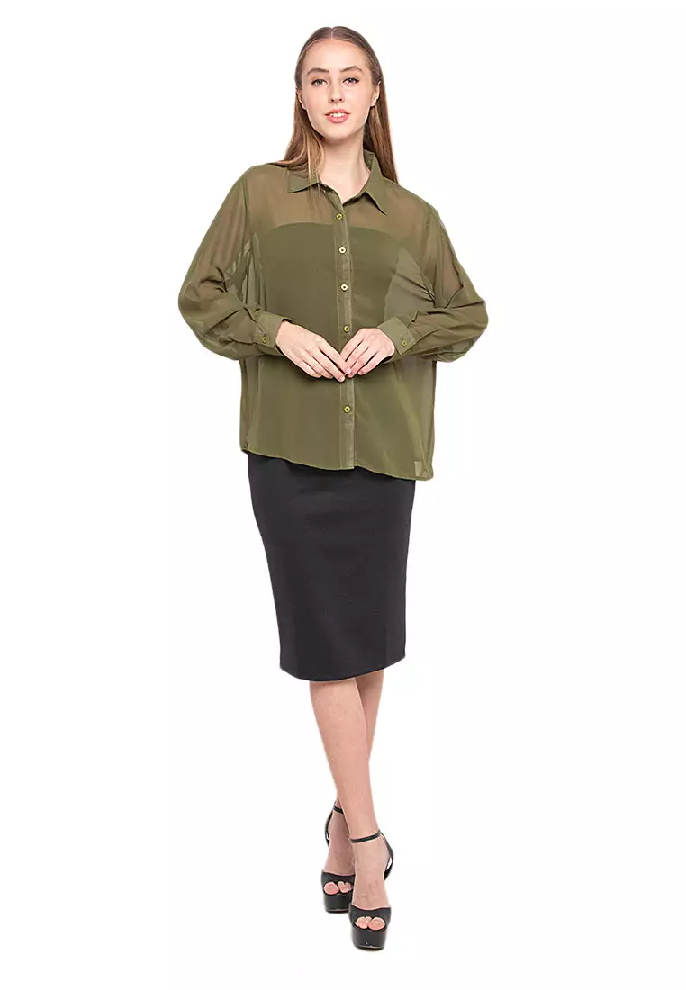 Calder Kemeja Atasan Transparan Front Button Opening Design Simple Plain Shirt Wanita - Green