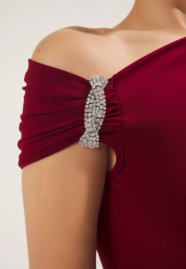 Burgundy Body-fitting Stone Accessory Woven Long Elegant Evening Night Graduation Dress TPRSS24AE00224