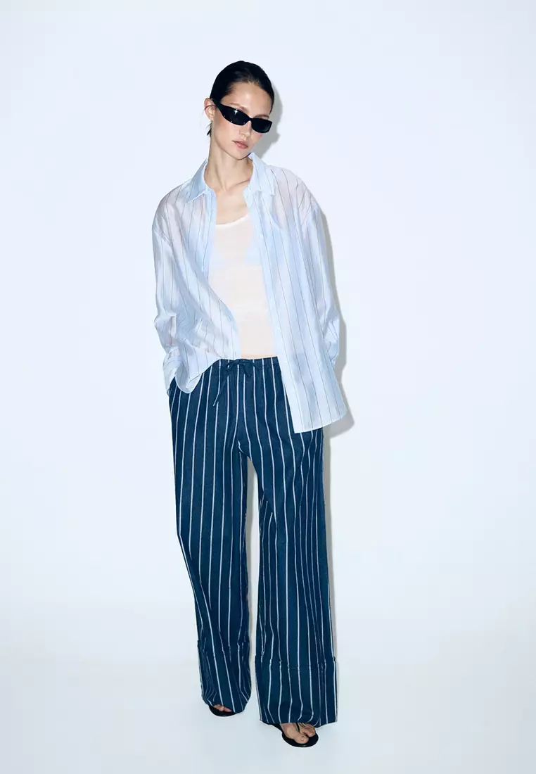 Turn-Up Hem Striped Trousers