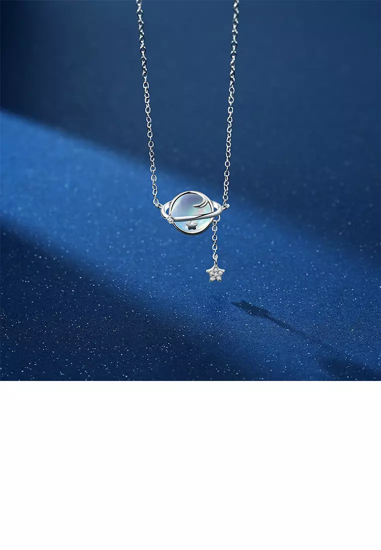 925 Sterling Silver Fashion Temperament Planet Moonstone Tassel Pendant with Cubic Zirconia and Necklace - Luxurious Look