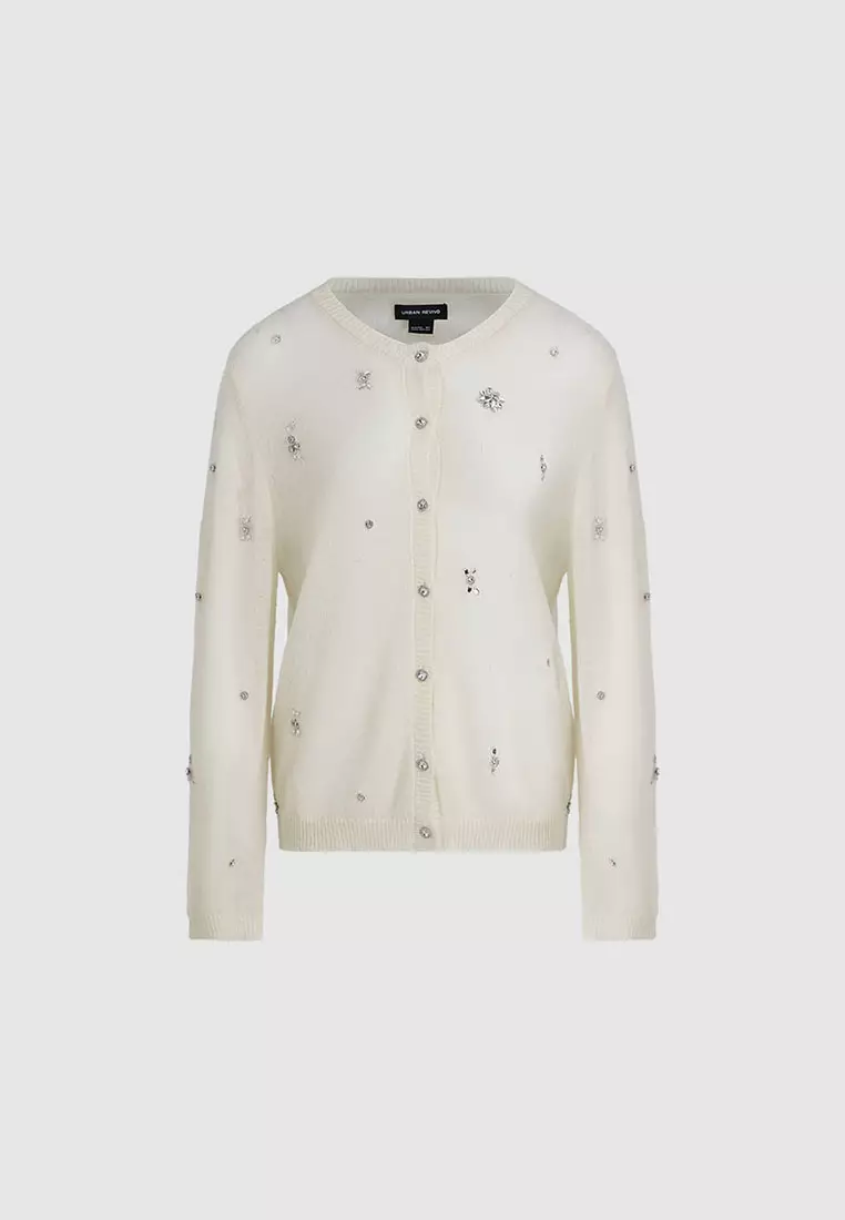 UR春季新款女装摩登魅力烫钻饰圆领针织开衫UWG950024