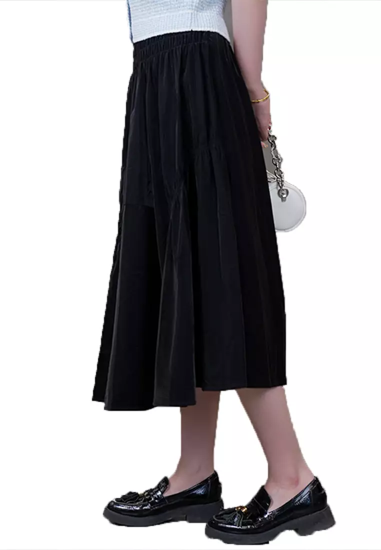 Elastic Waist Pleated Maxi Skirt