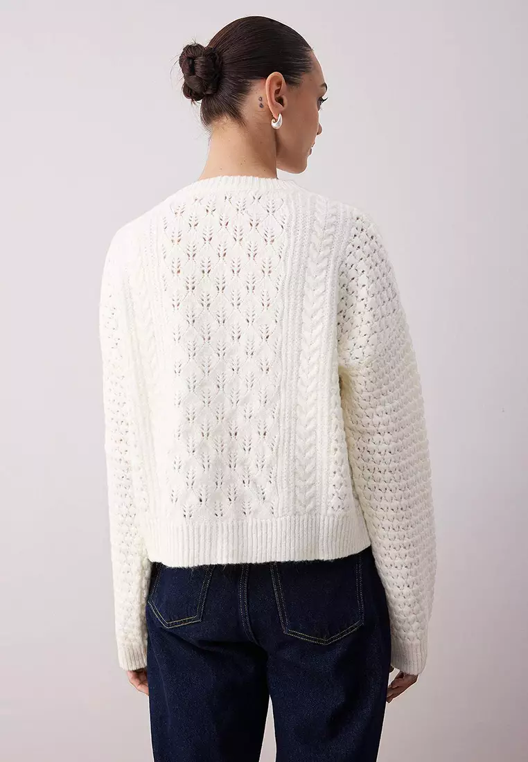 Ecru Crop Wide Pattern Hair Knit Lace Garnish Detailed Soft Textured Knitwear Cardigan