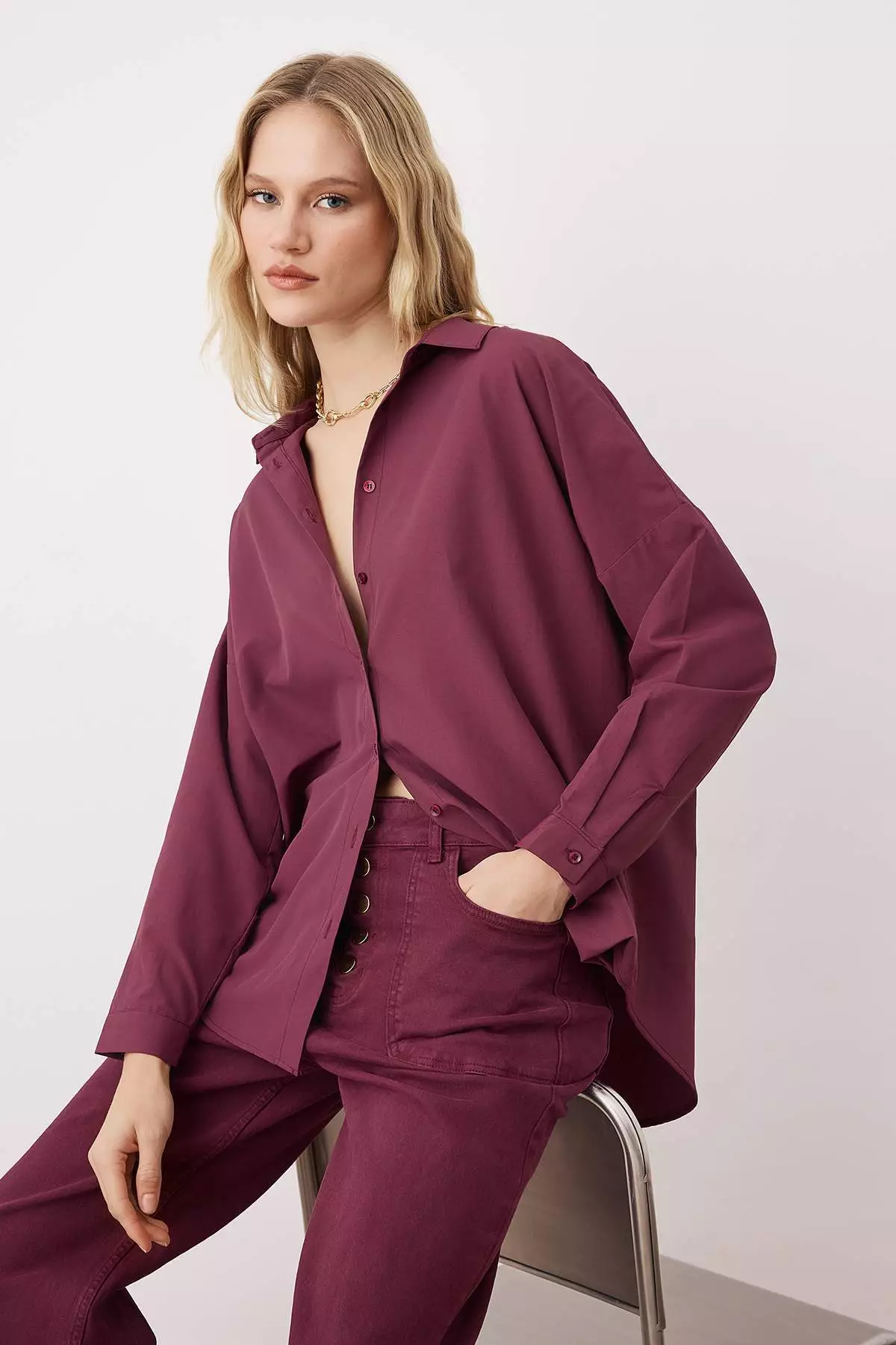 Plum Cotton Oversize Wide Pattern Woven Shirt