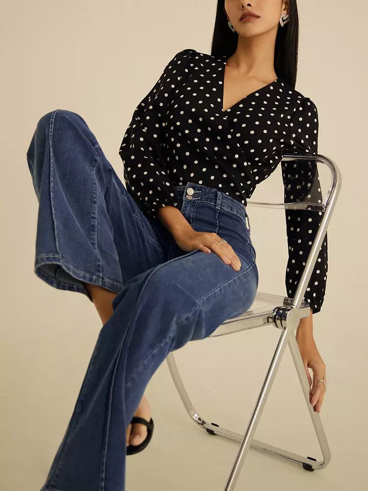 Printed Chiffon Cross Tie V-Neck Puff Sleeve Top [AB18938]