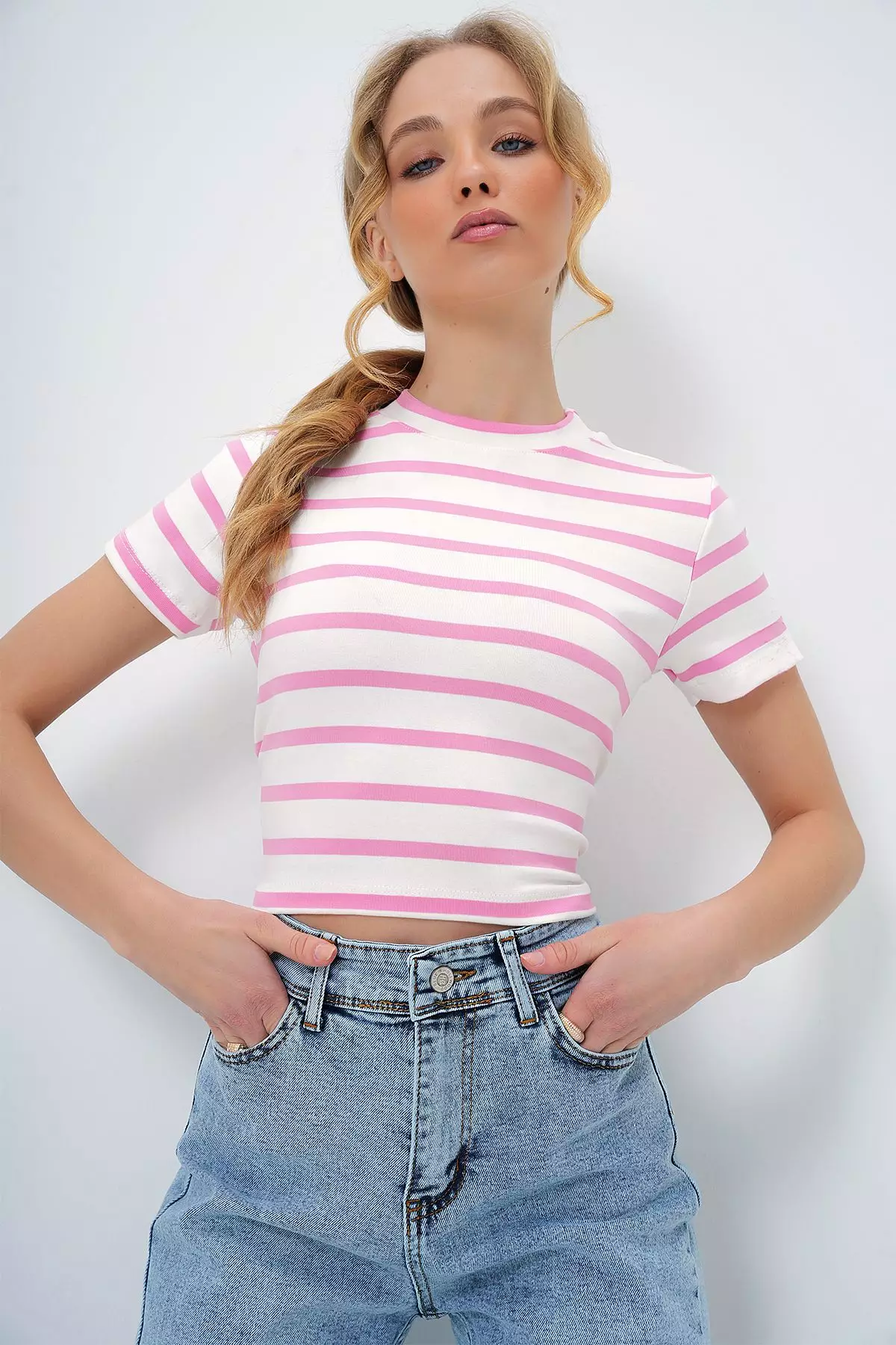 Women's Pink Crew Neck Half Sleeve Striped Crop Blouse