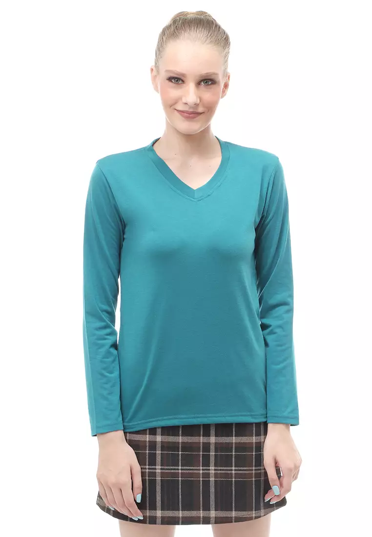 Kaos Polos Atasan Wanita V-Neck Lengan Panjang Design Simple Relaxed Fit - Tosca Tua