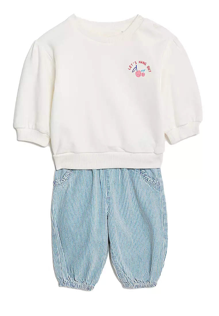 2pc Cotton Rich Striped Slogan Outfit