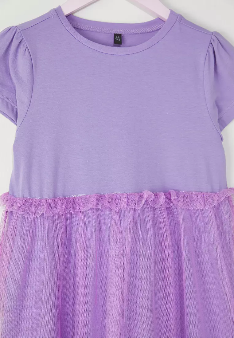 Lilac Cotton Girl's Basic Mini Tutu Woven Dress Eid