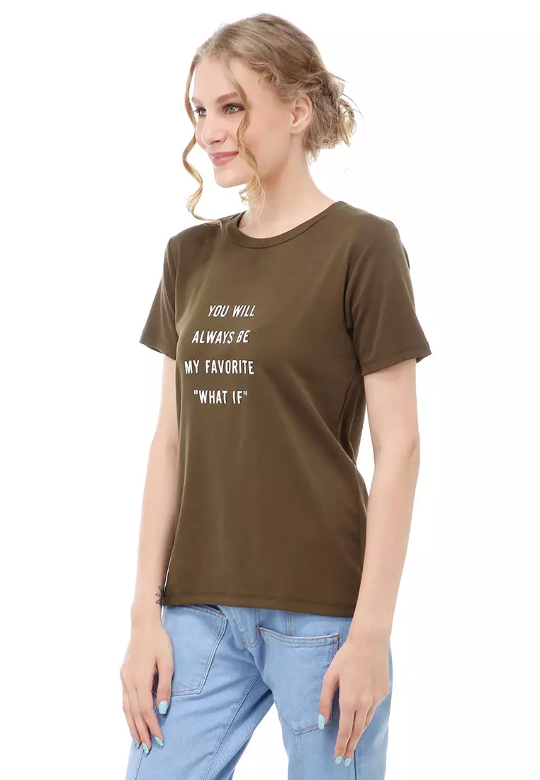 Genevie Kaos Kasual Wanita Lengan Pendek You Will Be Material Cotton ORIGINAL - Army Green