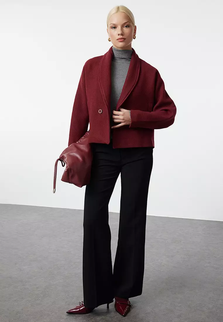 Claret Red Regular Woolen Short Jacket Coat Twoaw25Kb00047