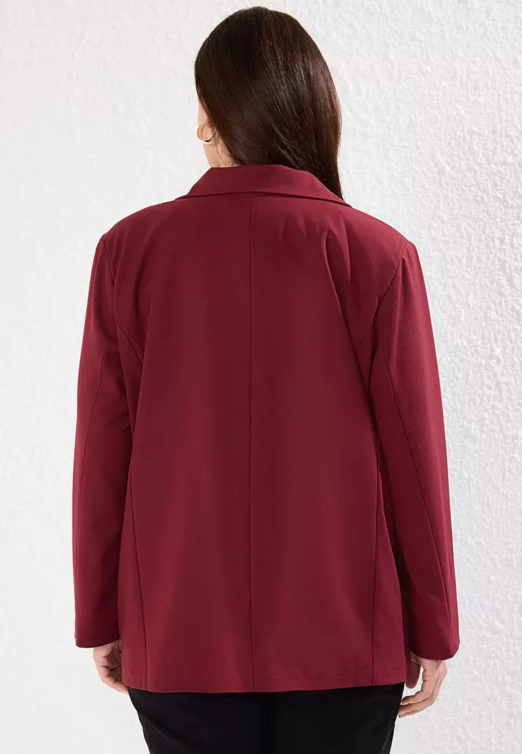Burgundy Lined Oversize/Wide Cut Blazer Woven Plus Size Fabric Jacket Tbbaw25Ag00019
