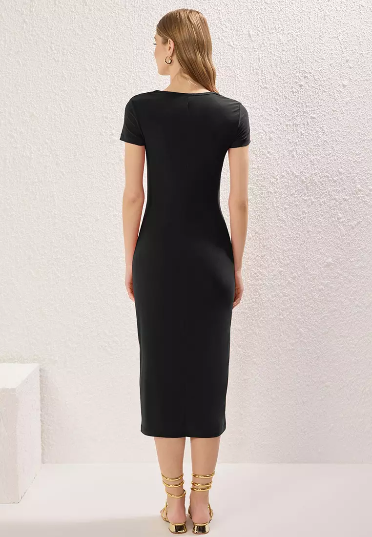 Black Square Neck Bodycone/Fits Body Stretchy Midi Knit Dress TWOSS25EL00691