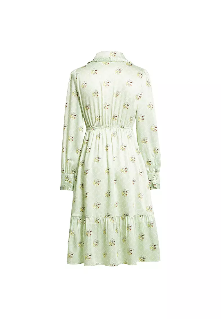 Allover Cartoon Print Dress with Ruffle Collar and Collar Tie