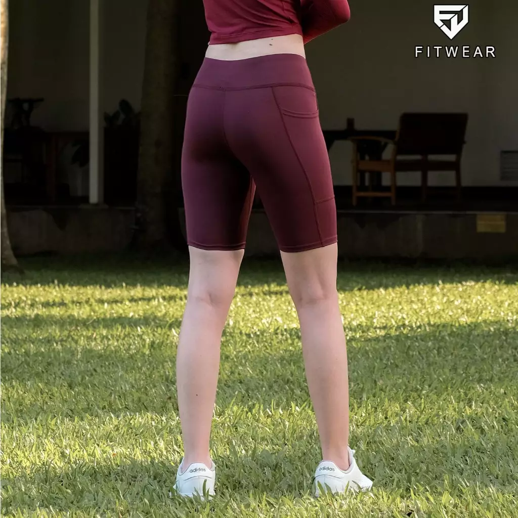 Fitwear - Celana / Legging Pendek Olahraga Wanita KARINA BASIC POCKET MEDIUM WAIST - BURGUNDY