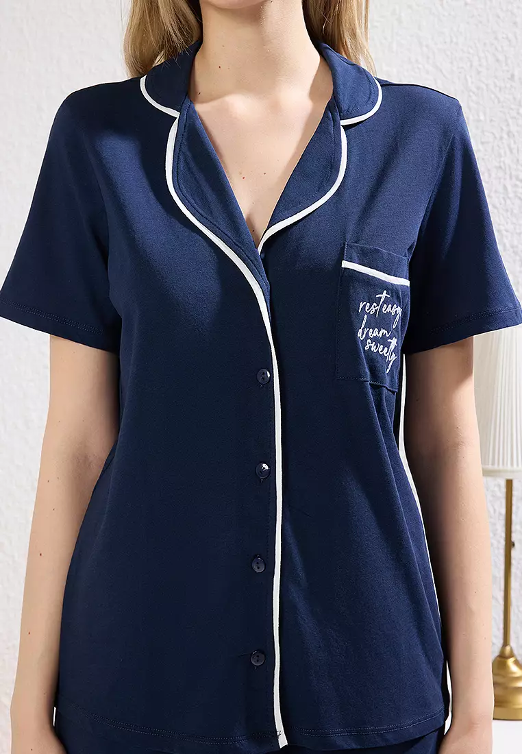 Buy Trendyol Navy Blue Slogan Knitted Pajama Set With Piping And