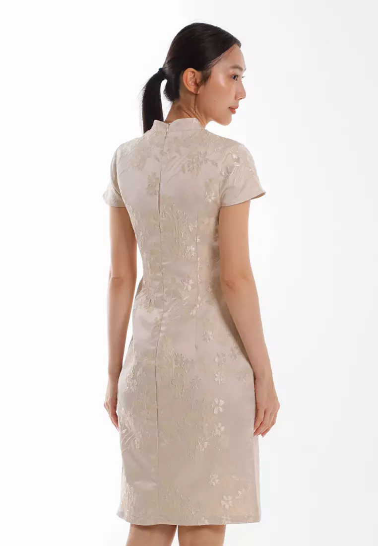 Forest Ladies CNY Cheongsam Jacquard Short Sleeve Dress - 885141-15Beige