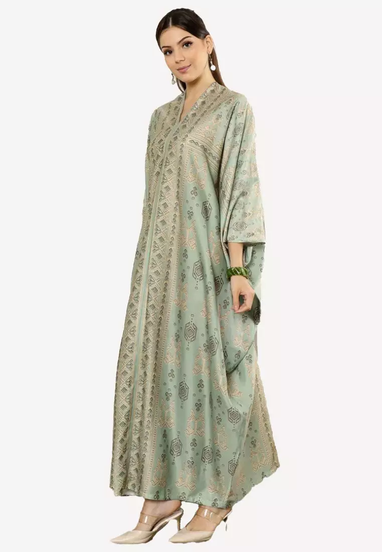 Kanzi Exclusive Long Sleeve Smokey Green Tapis Kaftan