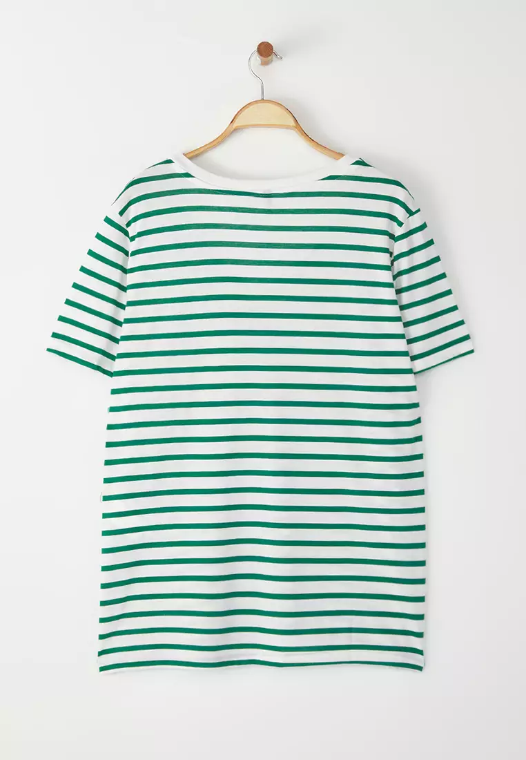 White-Green Striped V-Neck Knitted T-Shirt Tbbss23Bf00016