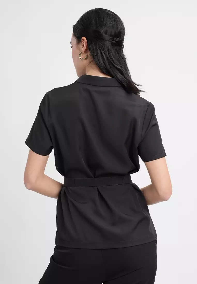 Sophia Belted Collared Top - Short Sleeve Button Blouse