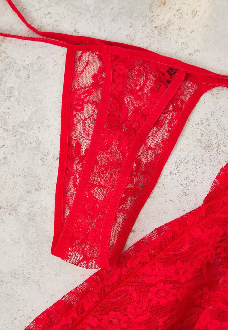 Red Window/Cut Out Detailed Pantyhose Lace Coverless Knitted Babydoll/Fantasy Nightgown