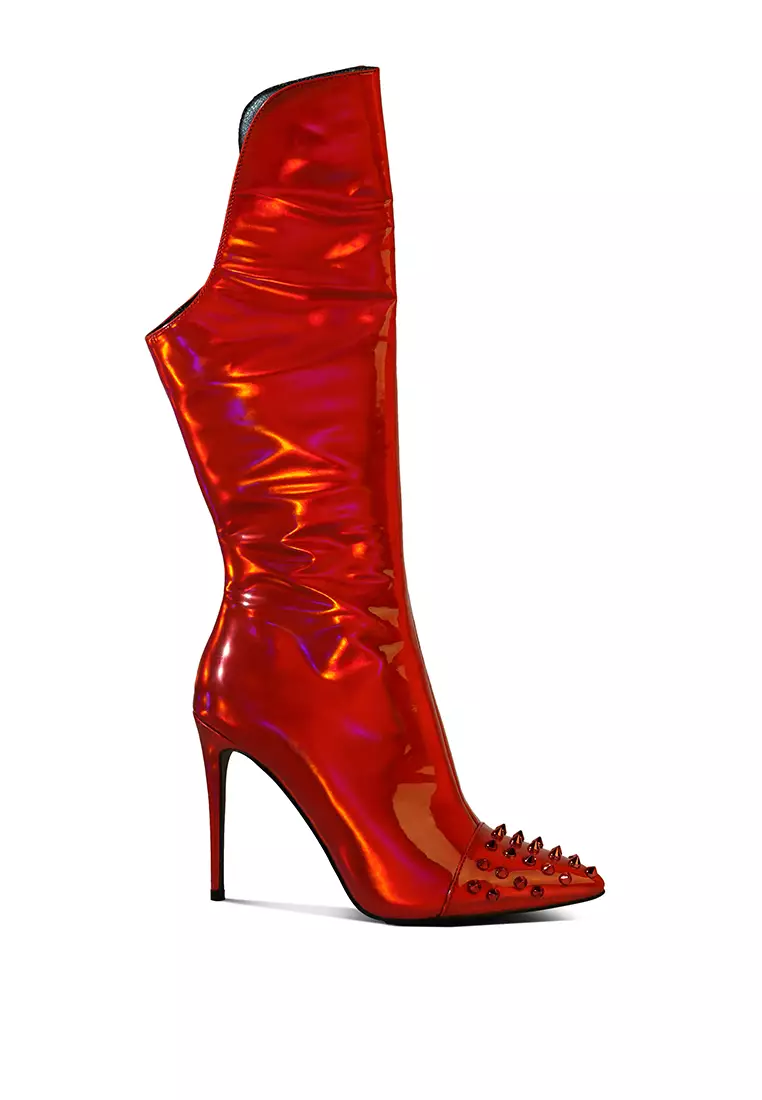 Discount on London Rag  shoes - SKU: Red Hologram Stud Stiletto Calf Boots