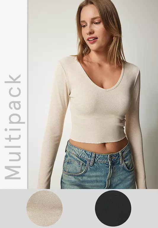 2-Pack V-Neck Rib Crop Top