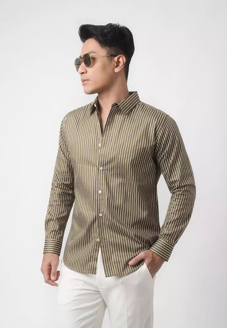 Hugo Stripe Shirt Dark Sage Green LS