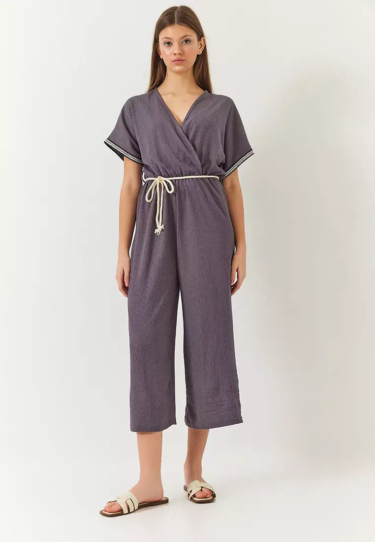 Women's Double Breasted Collar Sleeve Detail Elastic Waist Belted Crinkle Jumpsuit 60261418